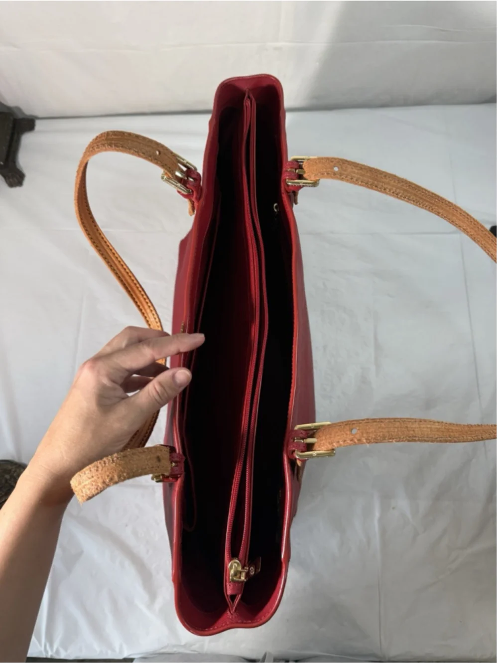 Tory Burch Buckle Large Red Saffiano Leather Laptop Tote Bag Purse new